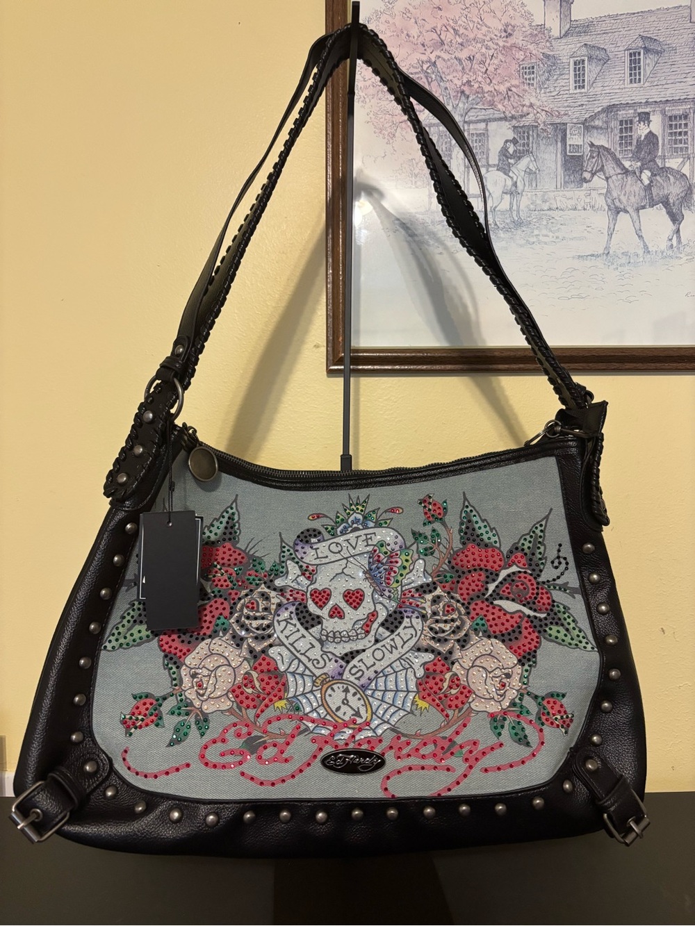 Ed Hardy Black Shoulder Bag with Red and Green Floral Skull Artwork